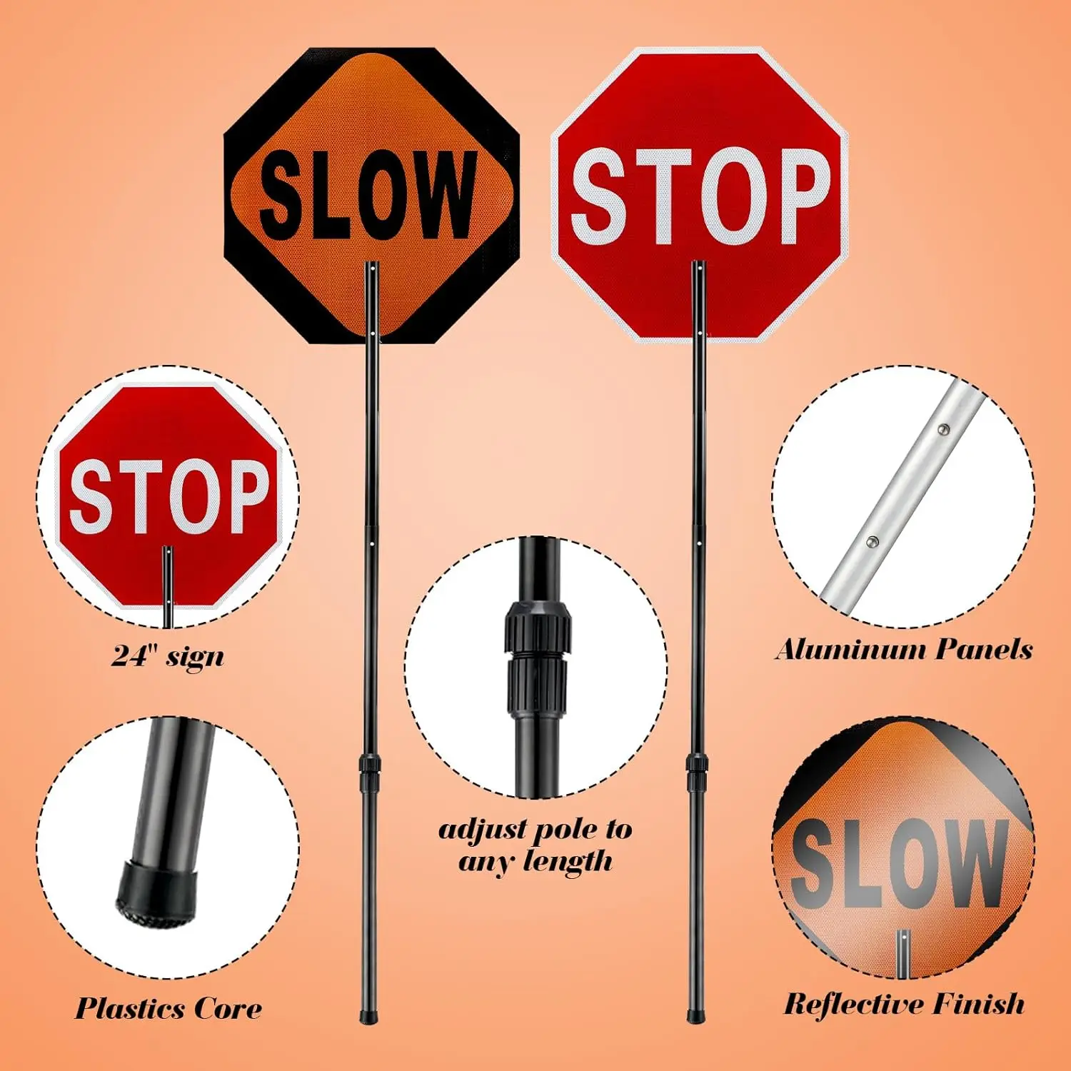 Telescopic Stretchable Staff Double Sided Stop/Slow Guard Paddle Honeycomb Reflective Road Stop Signs