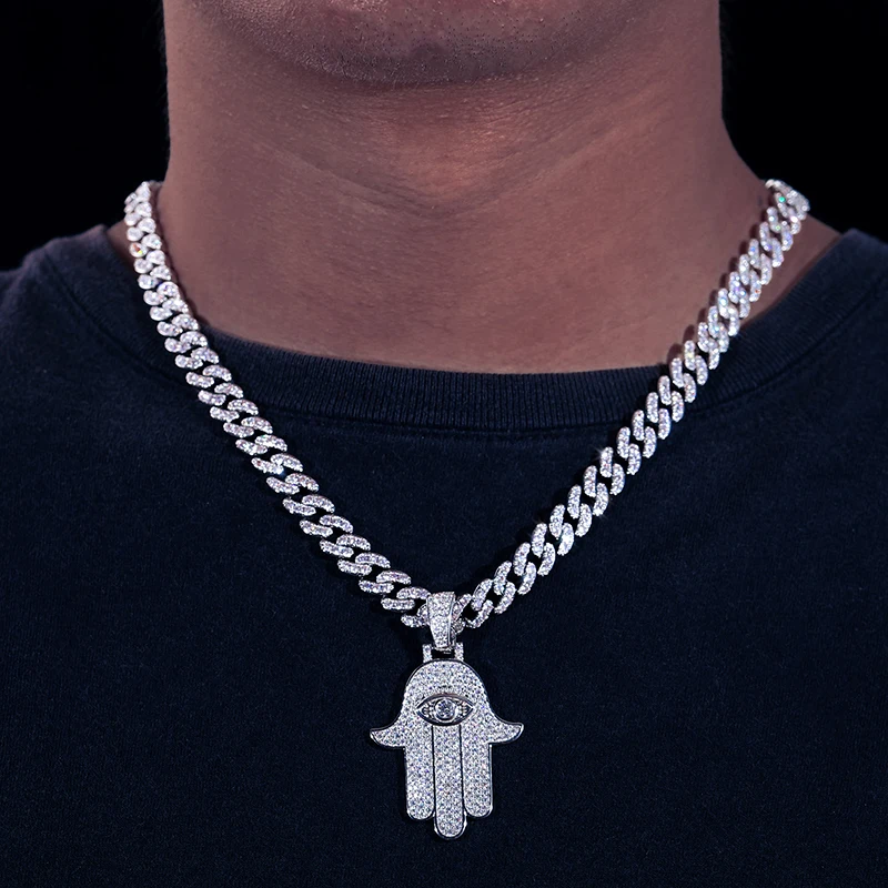 In Stock Dropshipping Hip Hop Jewelry 925 Sterling Silver VVS Moissanite Diamond Iced Out Hamsa Hand Pendant For Men Women