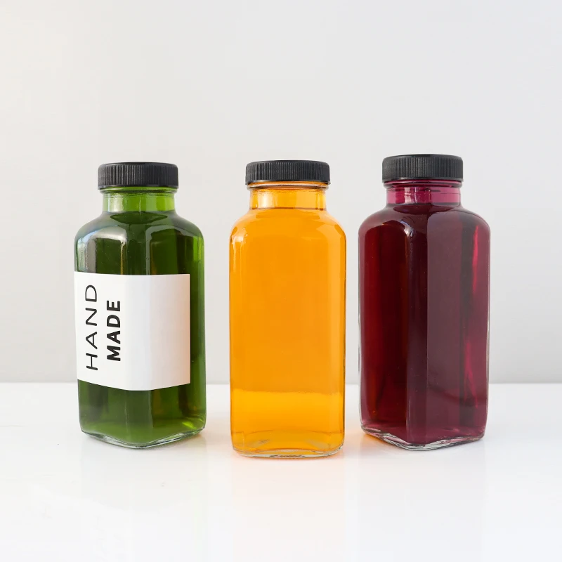 Wholesale Empty Square 500ml Milk juice tea drink Glass Bottle With Lid Screen Printing Juice Soft Drink Beverage glass bottles