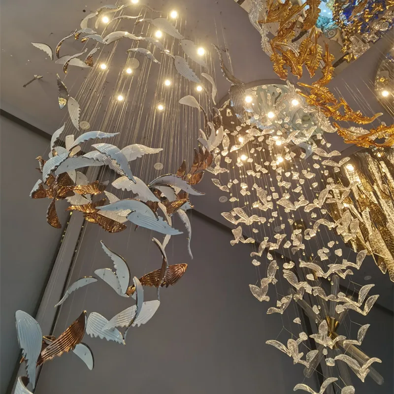 Hitecdad Hotel Lobby Engineering Project Contemporary Customized Fish Shape Big Glass Chandelier Hanging Lamp Pendant Lights