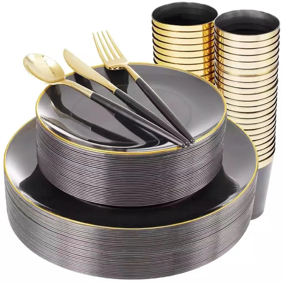 PS Hard Plastic Luxury Tableware Disposable Smoked Transparent Gold Stamping Dining Plate For Hotels Restaurants Party