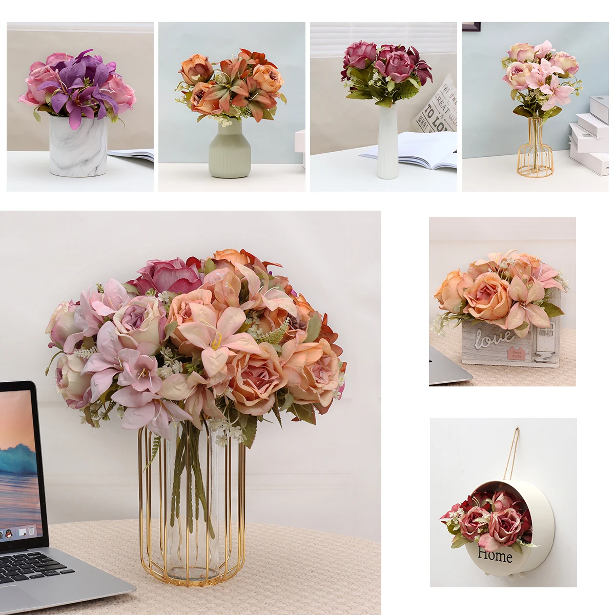 Cheap High Simulation Artificial Flowers Rose Lily Bouquet Artificial Flower Tabletop Wedding Decoration