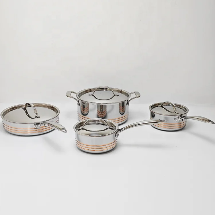 China OEM manufacturer 8pcs stainless steel 304 non-toxic cookware set kitchen utensils cooking 5Ply copper core cookware set