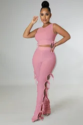 2022 New Trendy Custom Logo Crop Tops Two Piece Set Tank Tops Long Hollow Out Pant Women 2 Piece Summer Set