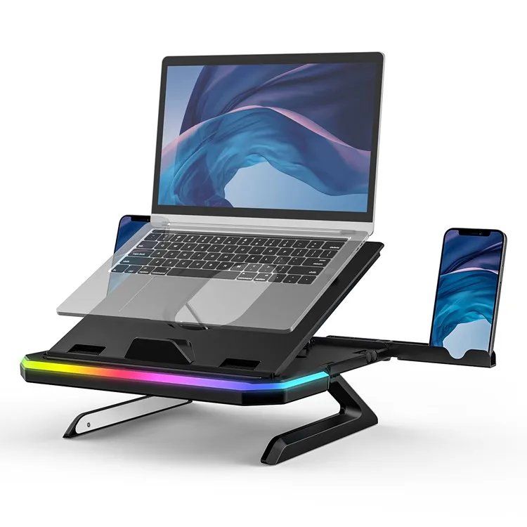 Складная подставка для ноутбука с RGB-подсветкой, подставка для ноутбука с 9 регулируемой высотой, с складными ножками и держателем для сотового телефона, Портативная подставка для ноутбука