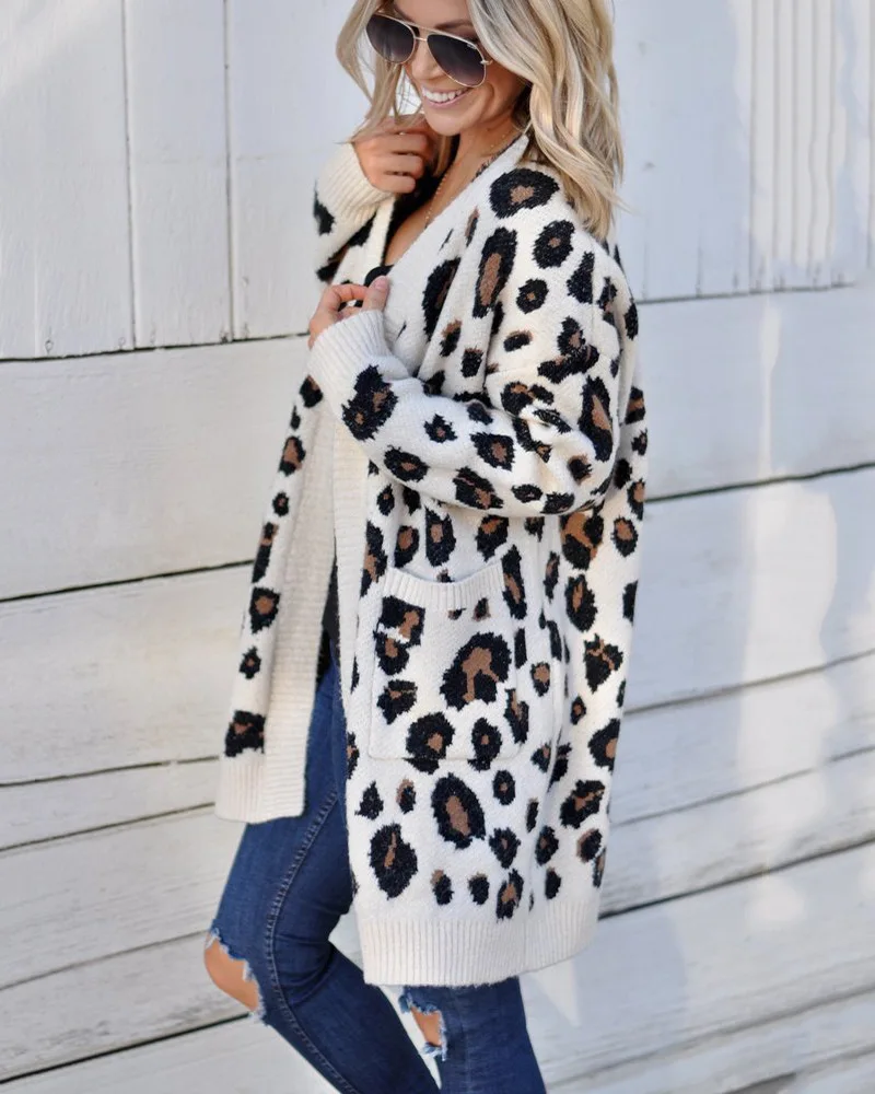 Fashion Leopard Lantern Sleeve Women Long Cardigan Sweater Fall Winter Knitted Casual Single Breasted Women Cardigan Sweater