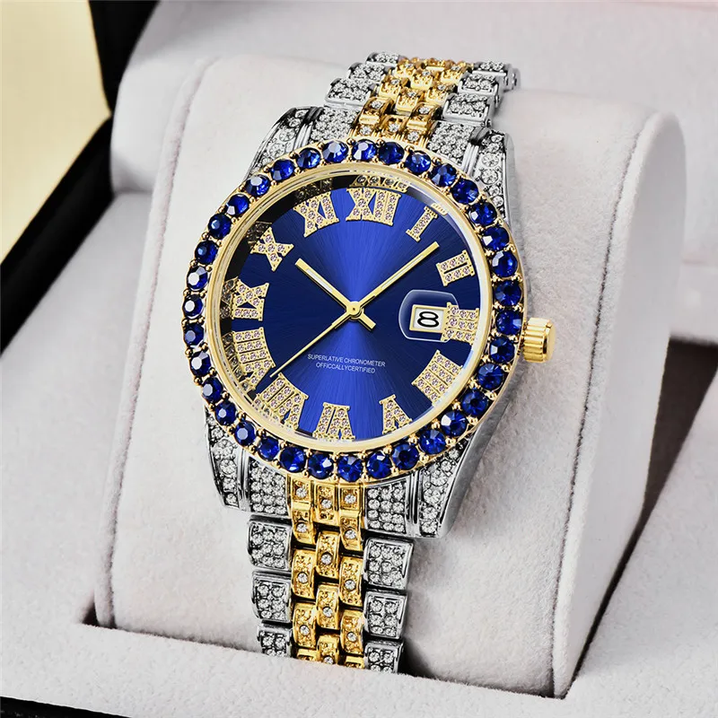 Fully Bling AAA Diamond Luxury Fashion Quartz Watches Gold Silver Role Relogio Masculino Steel Bracelet Mens Clock Dropshipping