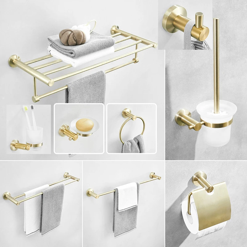 High quality Hotel wall mounted  towel bar Stainless steel sus304 towel rack Brushed gold bathroom accessories set