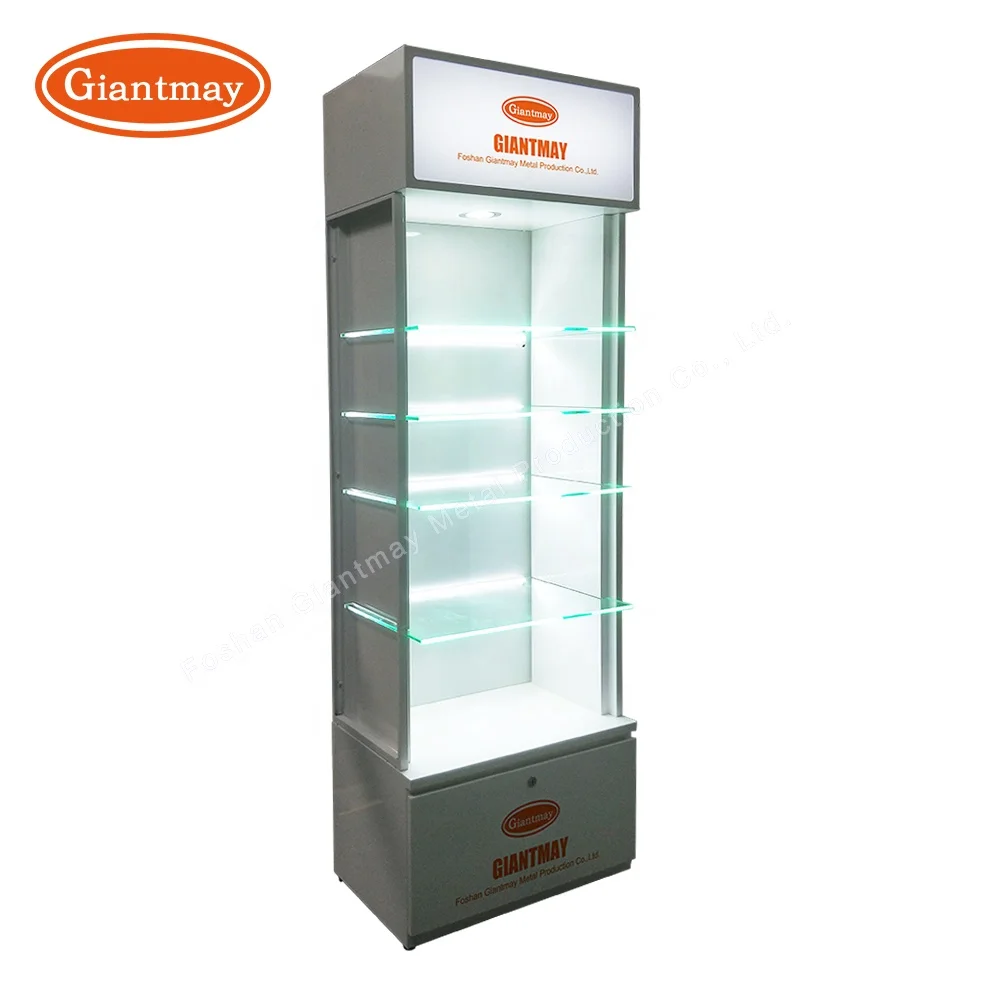 New design led light metal Glass rack stand display led shelf with hardware cabinet door