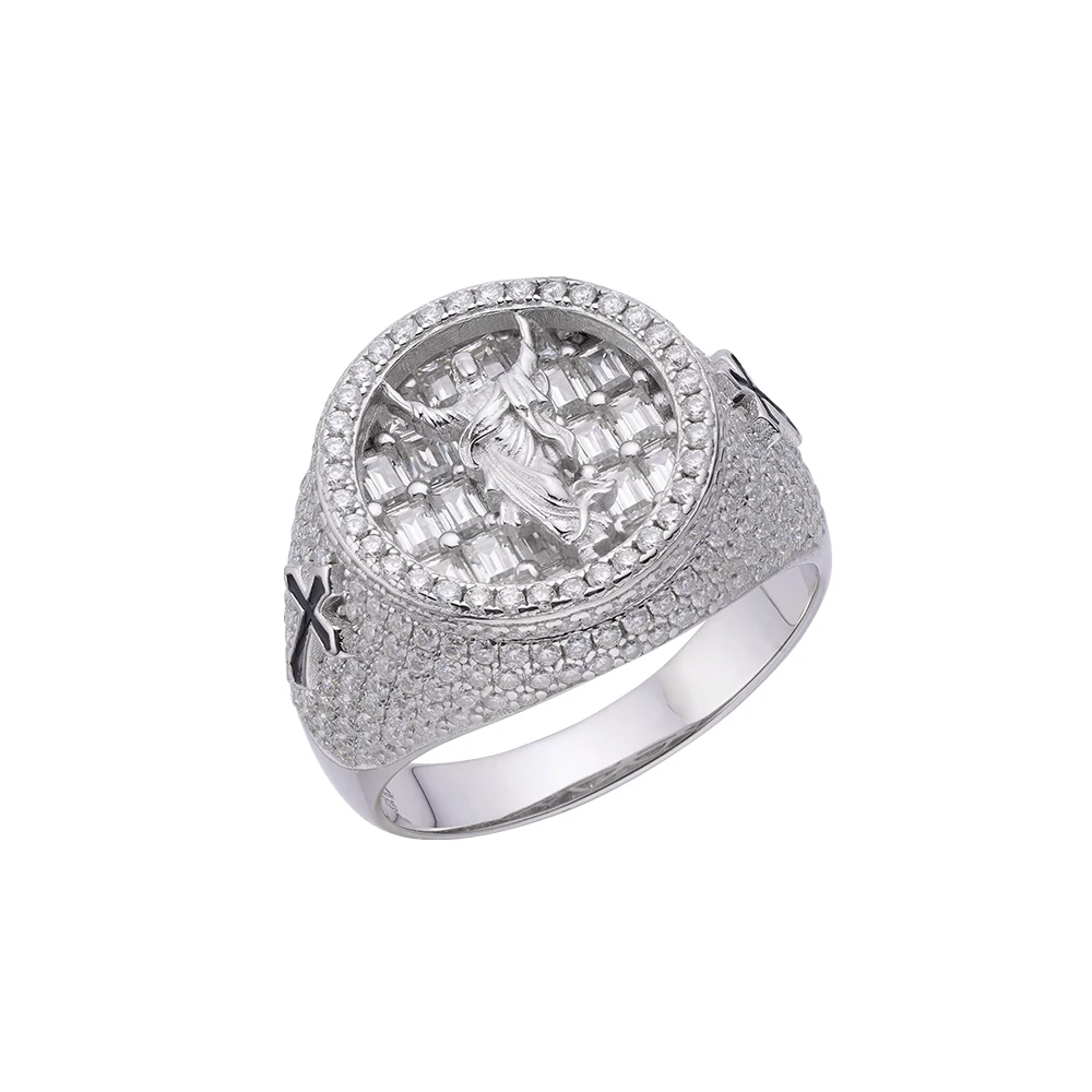 Hip Hop Ice Out Baguette 5A Cubic Zirconia Christian Religious 925 Silver Rhodium Plated Jesus Rings