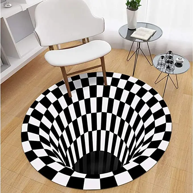 Round Vortex 3D Illusion Carpet Anti-Slip Vortex Illusion Rug 3D Visual Pattern Area Rug Grid Hearth Rugs 3D Effect Door Mat