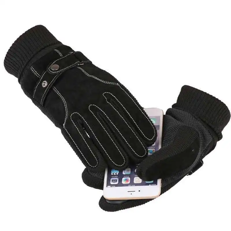 Мужские зимние кожаные мотоциклетные перчатки теплые для сенсорного экрана с утолщенным и флисовым покрытием