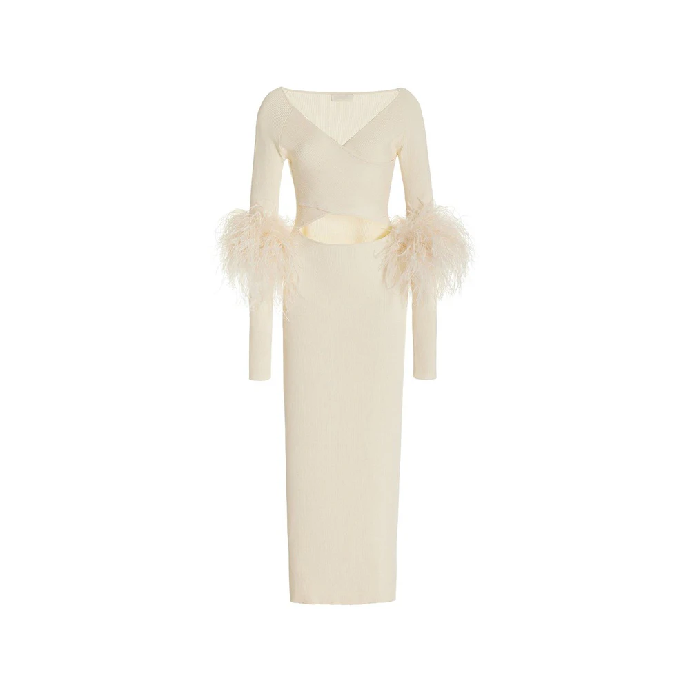 Ostrich Feather trim dress long party white feather Matte Midi stage fur dress cut out feather dress women