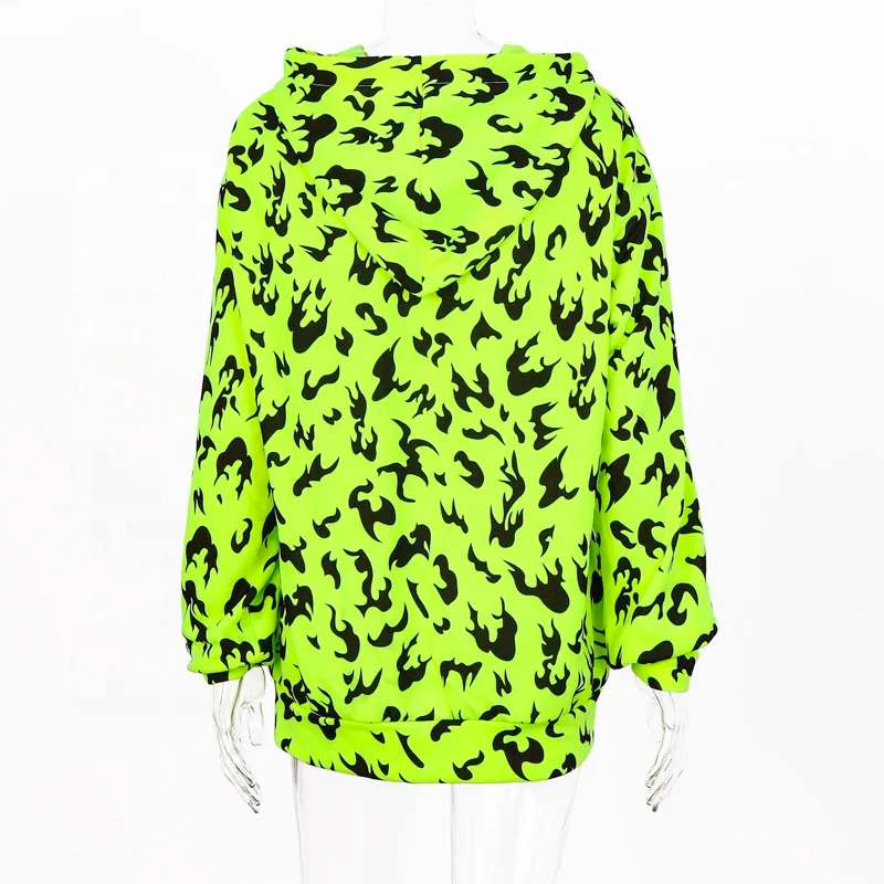 
2019 hot selling full flame print plus long fluorescent color sweater girls neon long hoodie 