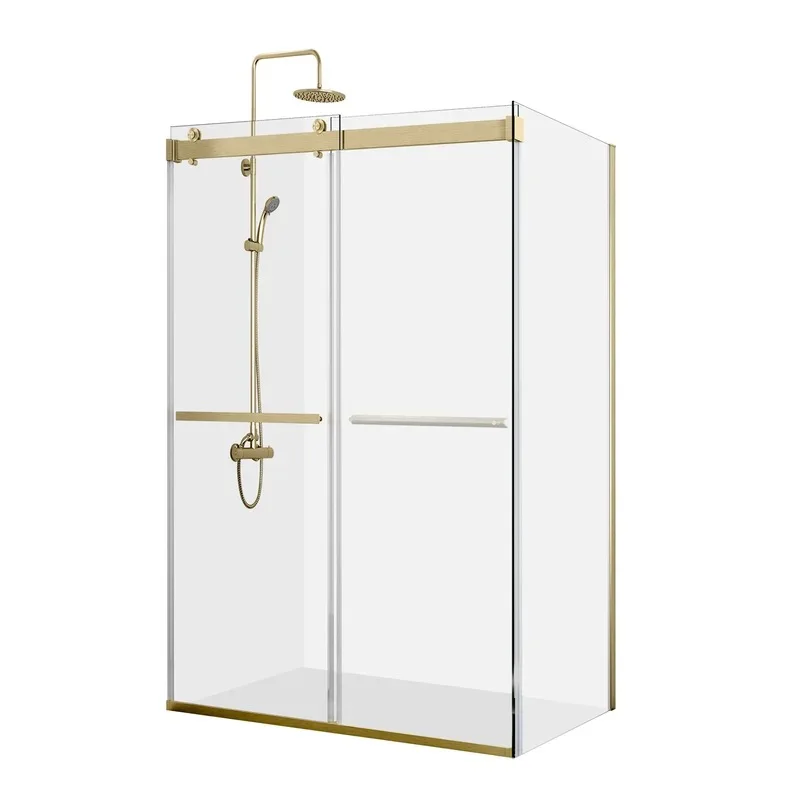 Frameless Golden Brushed Sliding Glass Shower Cubicle For Bathroom