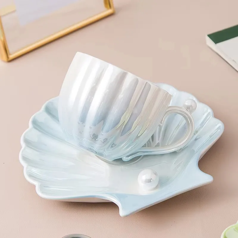 New Design European Light Luxury Creative Ceramic Pearl Shell Coffee Tea Cup And Saucer Set Gift Afternoon Tea Set