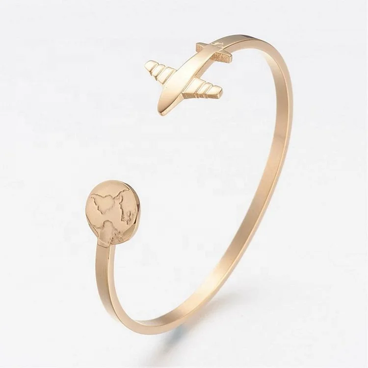 18k Gold Plated Stainless Steel Airplane Earth Globetrotting Travel Jewelry Airplane Open Cuff Bracelet