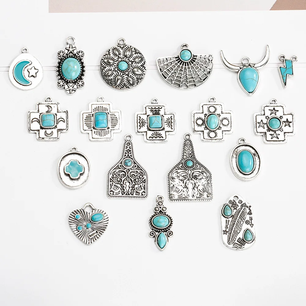 New Retro Bohemian Style Western Charms Bull Head Water Drop Cow Turquoise Pendants for Jewelry Making Accessories