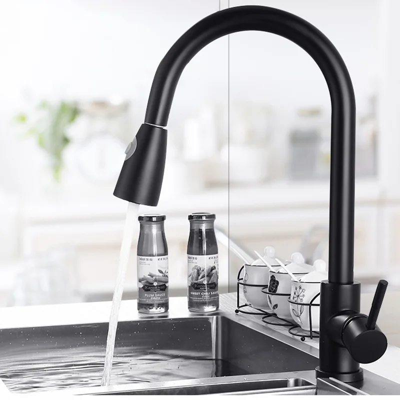 good quality black kitchen sink faucet stainless steel 304 pull down kitchen faucets water tap with pull out sprayer