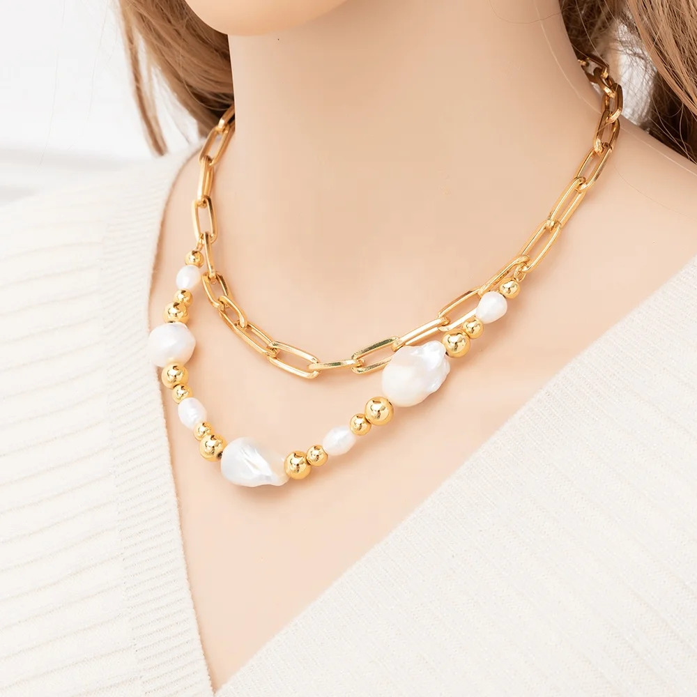 
Luxury two layered 18k real gold plated natural fresh water pearl oyster necklace for women jewelry 