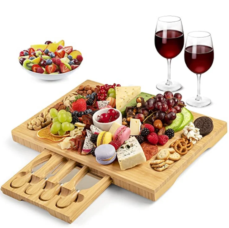 Unique Bamboo Cheese Board, Charcuterie Platter & Serving Tray Including 4 Stainless Steel Knife & Thick Wooden Server