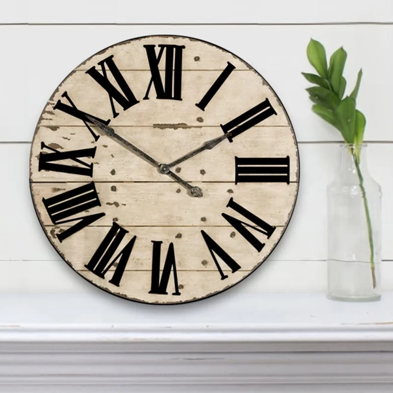 16 inch Large Roman Number Wall Clock Custom European Retro Vintage Decorative Circular MDF Wooden Farmhouse Wall Clock