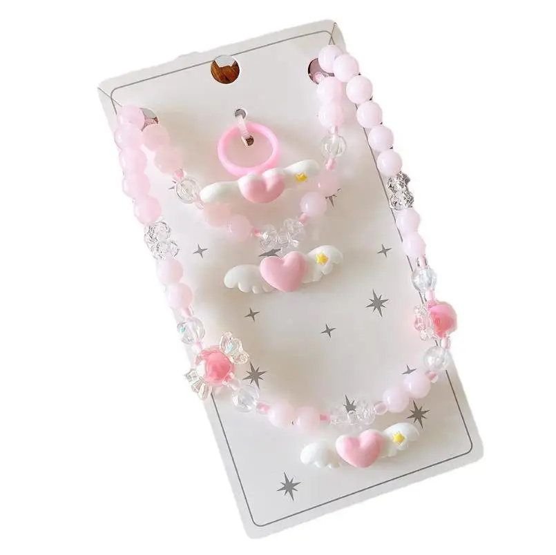 Heart Beaded Stretch Necklace Bracelet Ring Set Little Princess Bow Candy Jewelry Girl Play Birthday Gift Christmas Party Favor