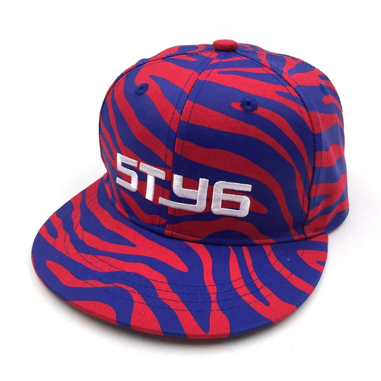 Wholesale high quality Custom logo embroidery zebra pattern print cotton 6 panel hip hop sombrero snap back hat fitted cap