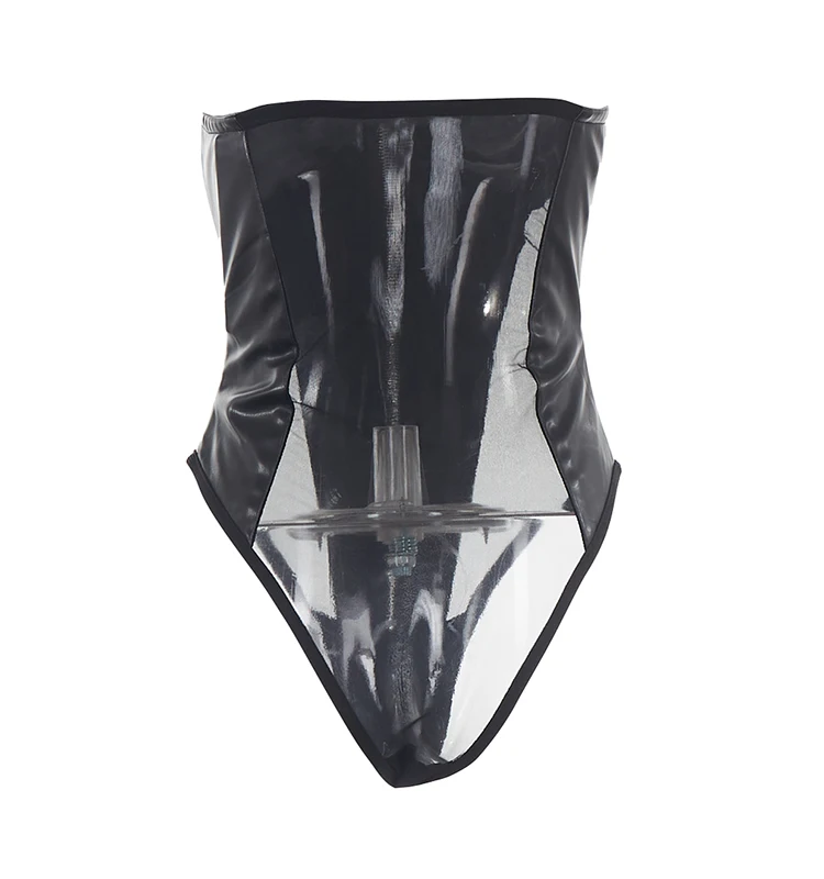 Bold Black Faux Leather Corset Bodysuit with Zipper Front and Sheer Panels Perfect for Edgy Party Looks