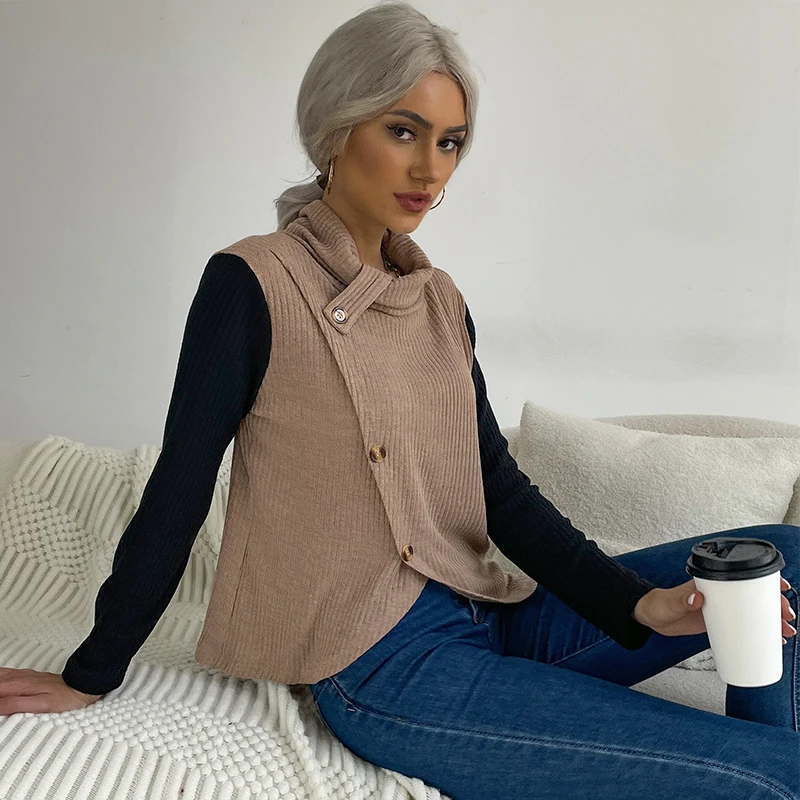 Women Stylish Long Sleeve Pullover Knit High Collar Irregular Patchwork Knitted Top