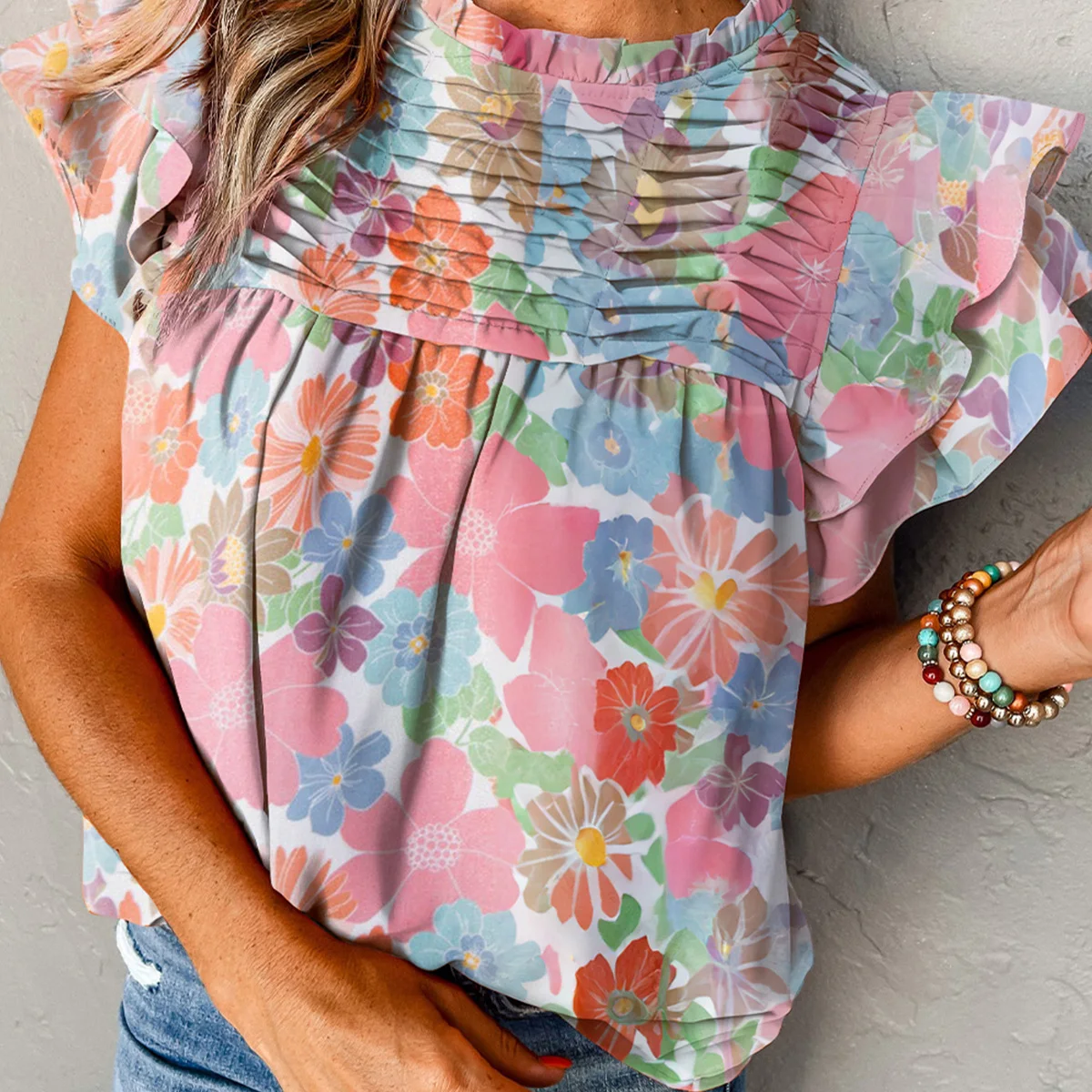 2024 Wholesale Chic Clothes Customized Women Summer Pink Floral Ruffled Flutter Sleeve Pleated Blouse