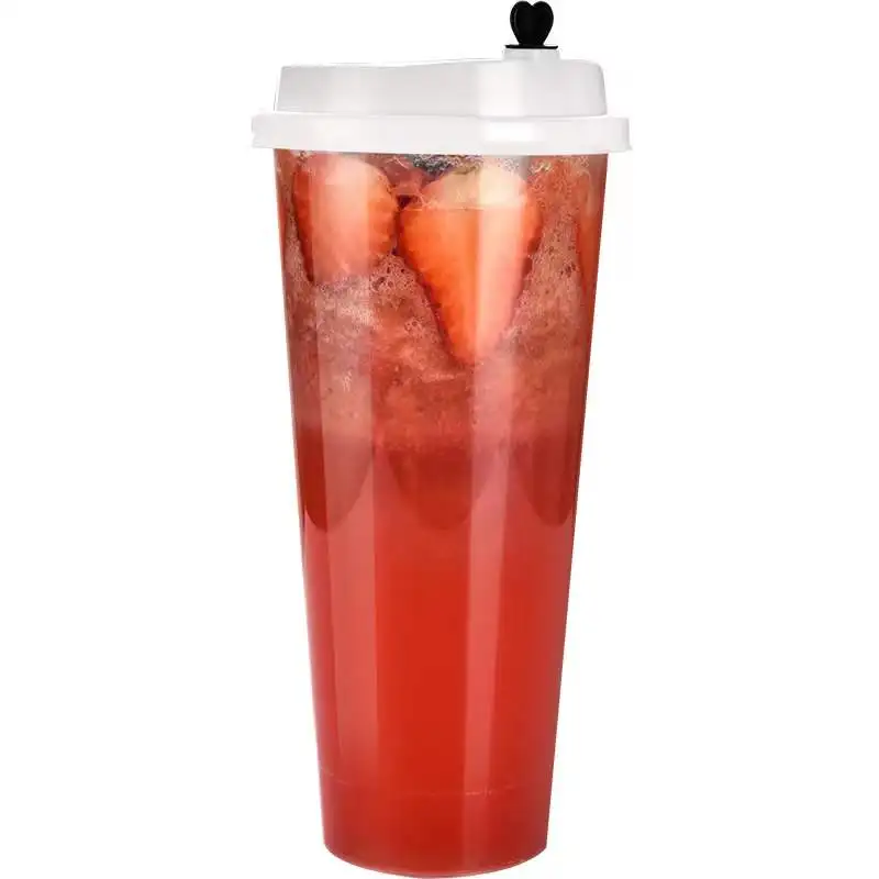 Factory Wholesale Gobelet En Plastique Bubble Tea Plastic Cup With Lid Fork Fruit Milk Tea Pp Pvc 24 Oz Cup Square Boba Cups