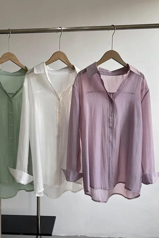 Summer Shirts Women Turn-Down Collar Long Sleeve Casual Blouses Transparent Plain Canday Colors Loose Sunproof Tops WholeT34702C