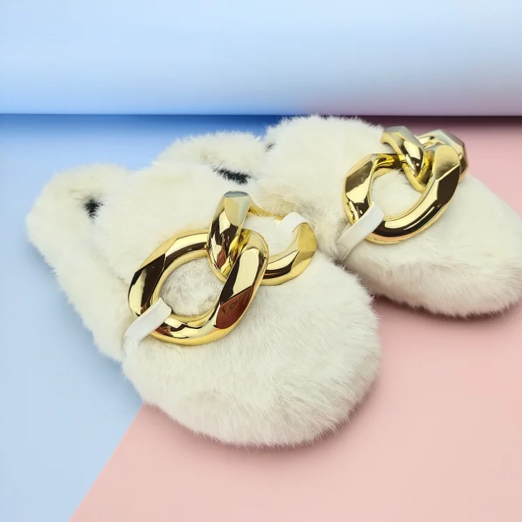 Wholesale Women Slipper 2022 Winter Indoor Slippers Furry Fuzzy Warm Gold Chain Decor Luxury Fur Slides Fox Fur Slides For Women