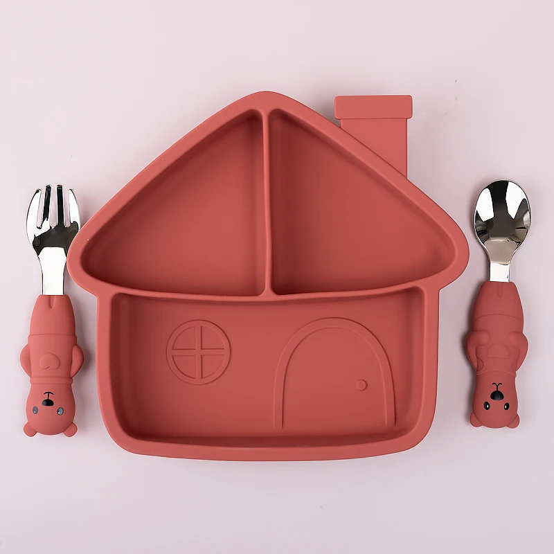 Wholesale in stock custom logo baby eating training soft spoon fork bowl bibs kids toddler tableware Silicone baby feeding set