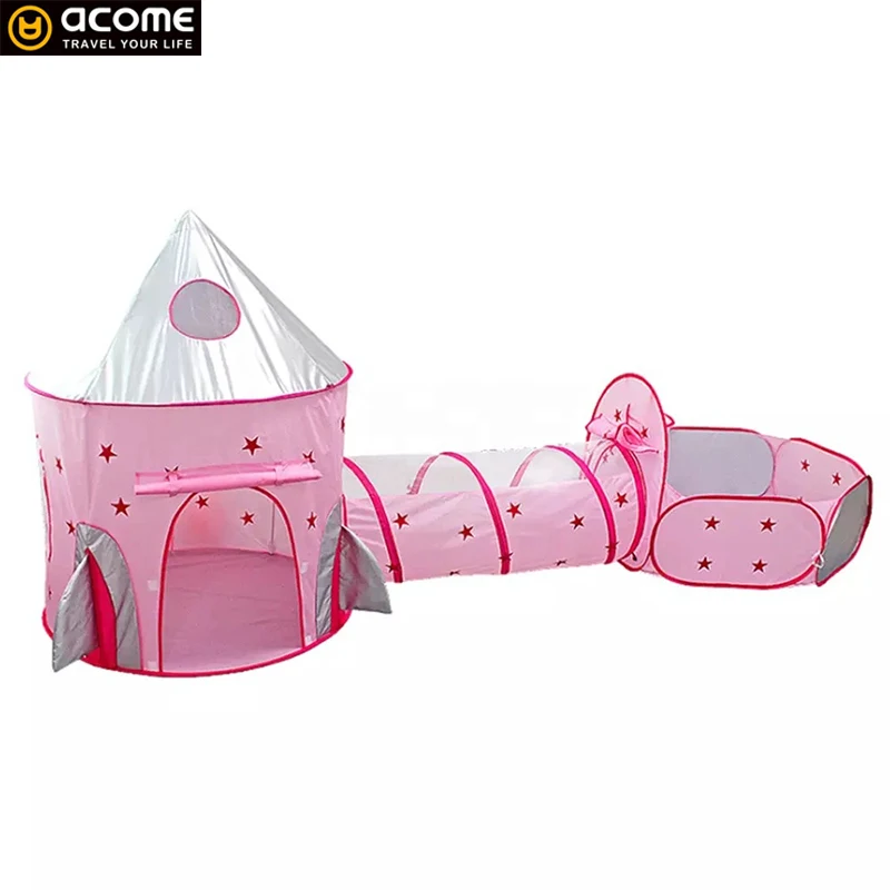 ACOME 3 Pieces Tunnel castle princess play kids toy pink tent