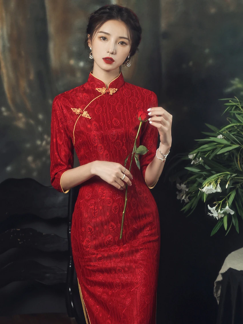 2025 new long bride qipao long sleeve luxury wedding red long dresses cheongsam women ladies party evening elegant factory