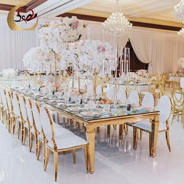 Лидер продаж, роскошные современные столовые Столы из Нержавеющей стали с зеркальным стеклом для свадебных торжеств