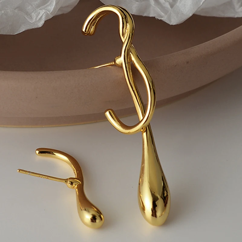 Fine Jewelry Solid Gold Designer Earrings Women Asymmetric 925 Silver Personalized Irregular Water Drop Stud Earring For Girls
