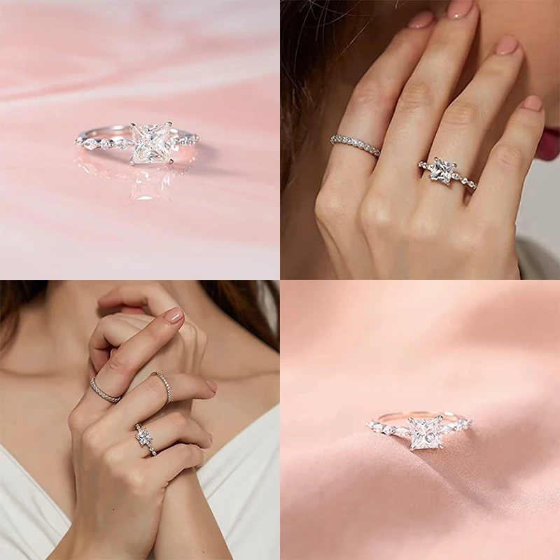 CANNER 2 Karat S925 Sterling Silver Ring Princess Engagement Moissanite Ring Marquise and Round Cubic Zirconia Wedding Rings