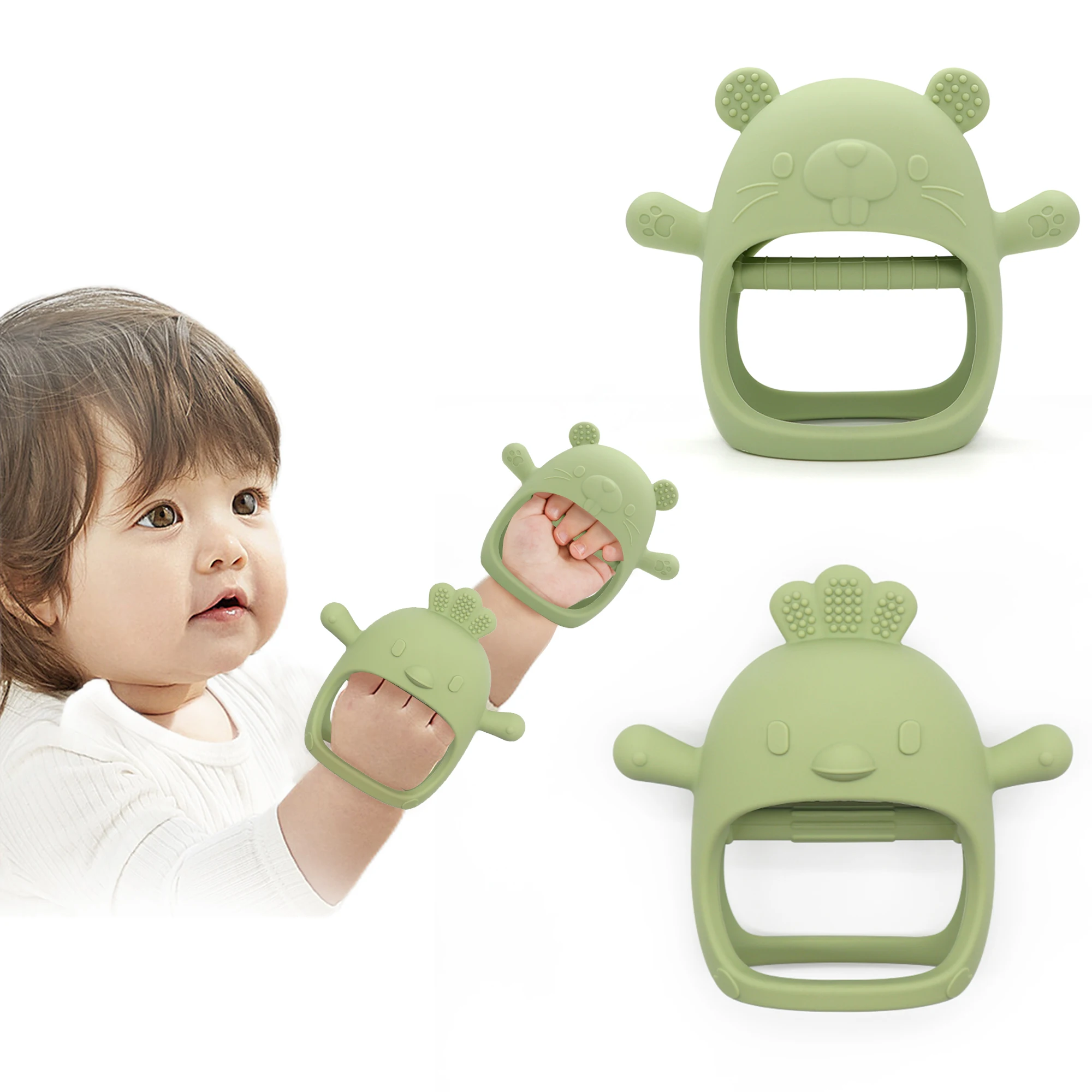 Hot Selling OEM Bpa Free Food Grade Dinosaurs Chick Animals Wrist Hand Glove Teether Silicone Baby Teething Toys