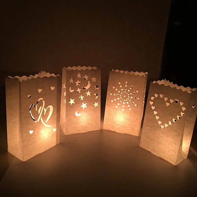 
White Luminary Bags Flame Resistant Candle Bags Stars Design Luminaries for Wedding Halloween Thanksgiving Party 