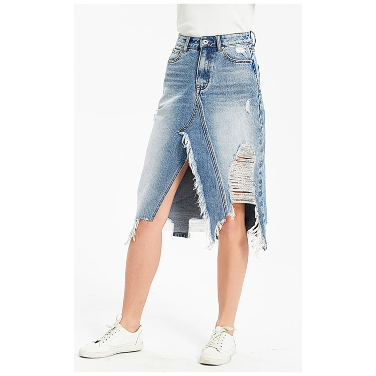 Fashion Irregular Tassel Distressed Hip Skirt Mid Length Denim Skirt For Women