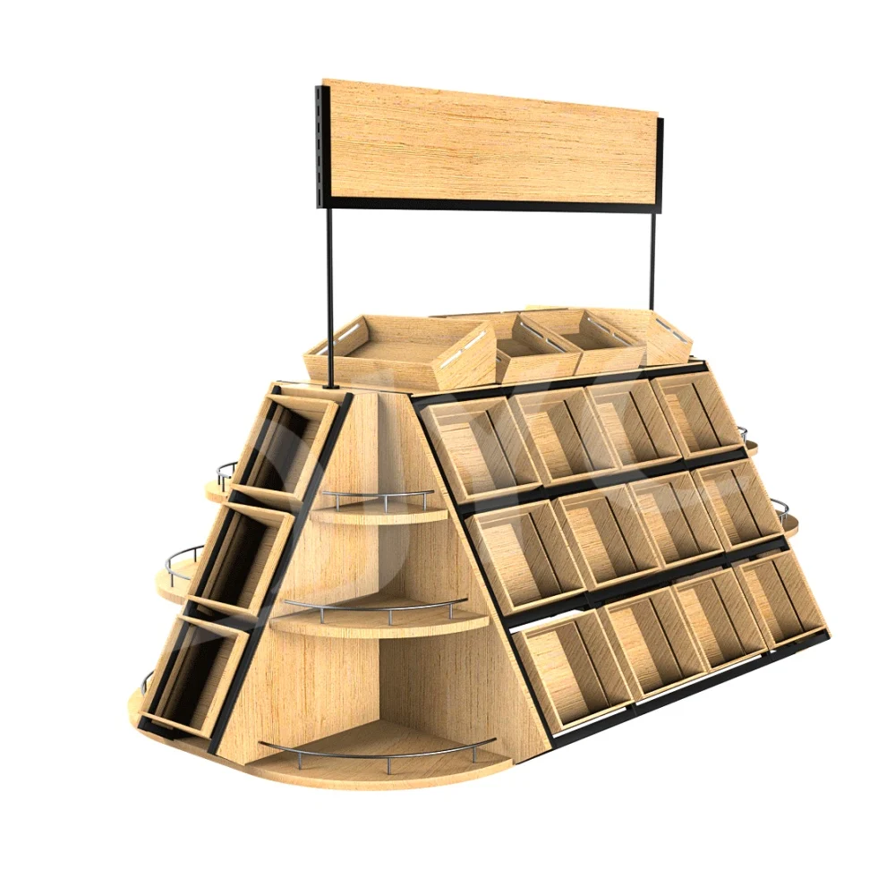 Supply 3D Design Island Wooden Grocery Fruit Vegetable display Stand Rack Supermarket shelves with Promotion billboard
