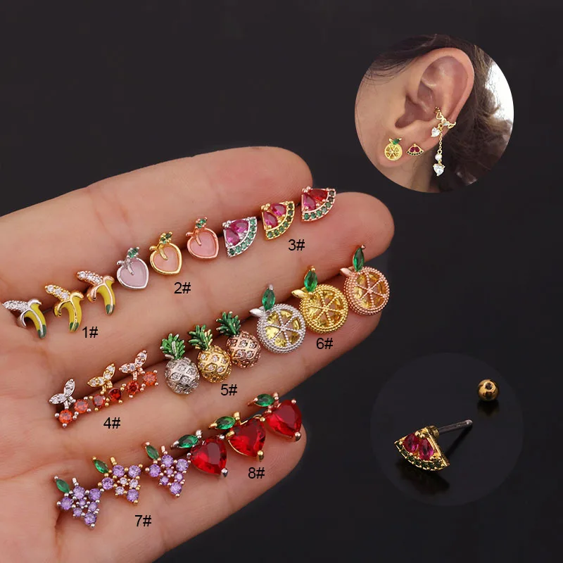 YW Dainty Cherry Lemon Banana Orange Fruits Series Crystal Ear Helix Daith Conch Tragus Stud Piercing Jewelry Earring