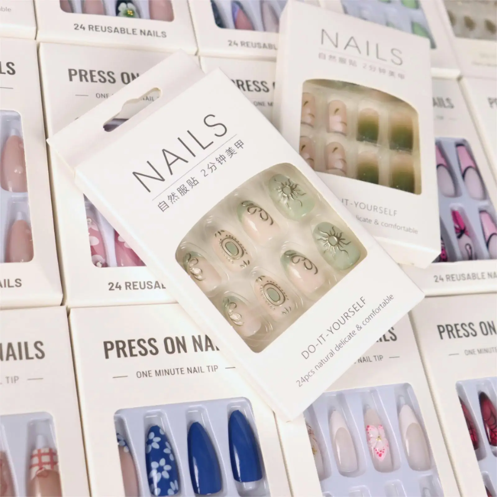 24Pcs New Fashion High Quality Press On Nails French Fresh Style Acrylic False Nails Custom Fake Nails With Jelly Glue