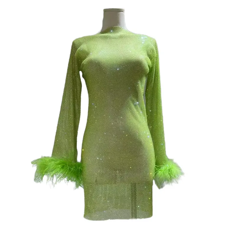 New Fashion Luxury Rhinestone Dress Suit Feather Long-sleeved Top Long Short Skirt Pants Dress Set