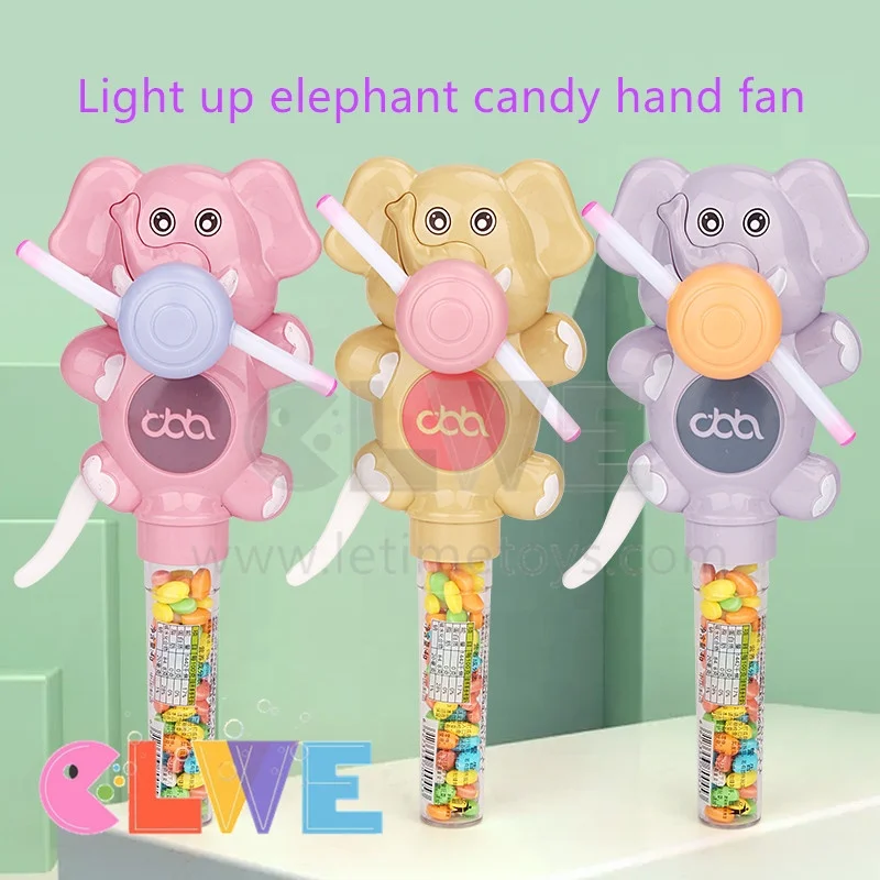 Good quality ABS plastic animal toy candy surprise gift for kids luminous Light up elephant hand fan candy toy