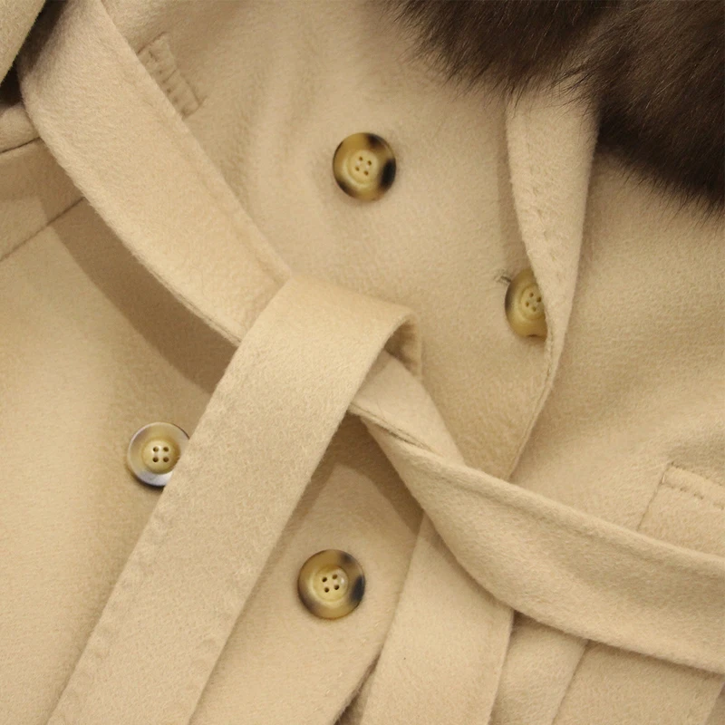 Long style women wool coat wholesale lady fashion fox fur collar woolen coat with belt