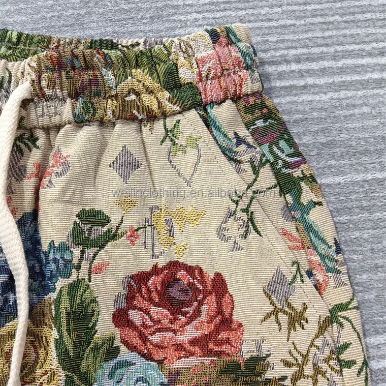 Custom hemp embroidery linen jacquard weave tapestry shorts for men